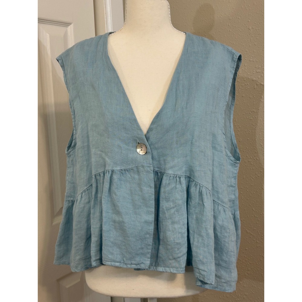 Lino Quiet Luxury Made in Italy 100% Linen V-Neck Ruffle Peplum Top Light Blue